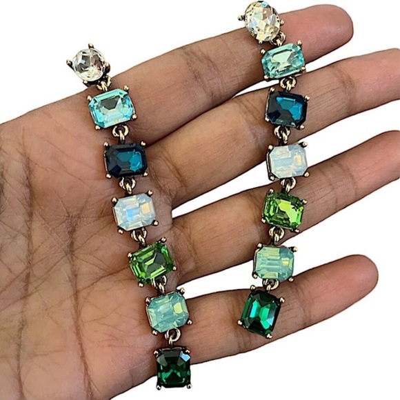 Antique Gold Emerald Cut Crystal Opal Sapphire Aquamarine Tassel Drop Earrings - Picture 2 of 13